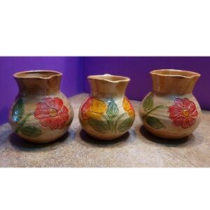 Mexican Folk Art Terracotta Miniature Pitcher Set 3 Hand Painted Floral Glazed